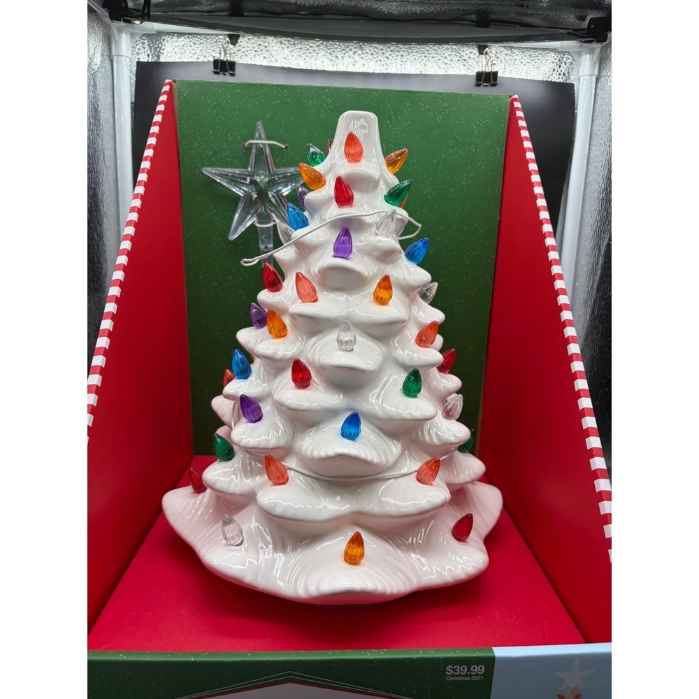 Hobby Lobby White Ceramic Christmas Tree Multi-Color Lights Star Topper New